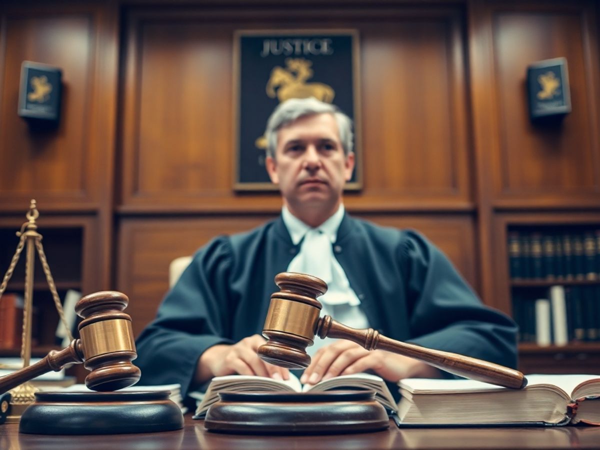 Judecător în sala de judecată, cărți de drept în jur.