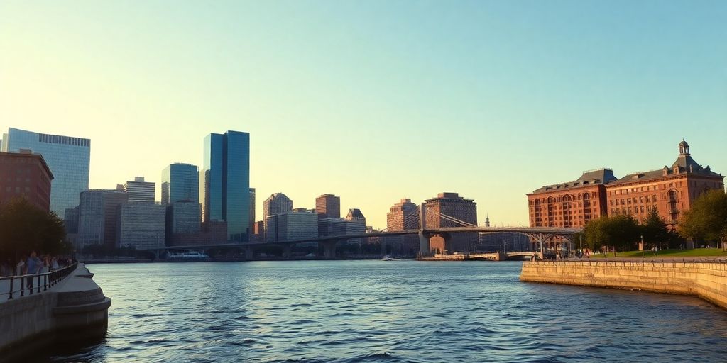 Boston waterfront skyline at sunrise with bridges and walking commuters