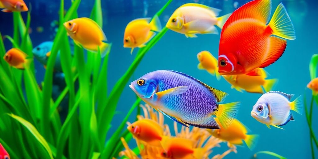 Peces tropicales coloridos nadando en un acuario exuberante.
