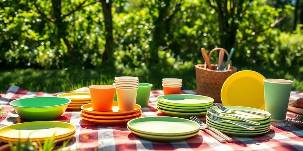 Colourful arrangement of compostable picnicware in a park.