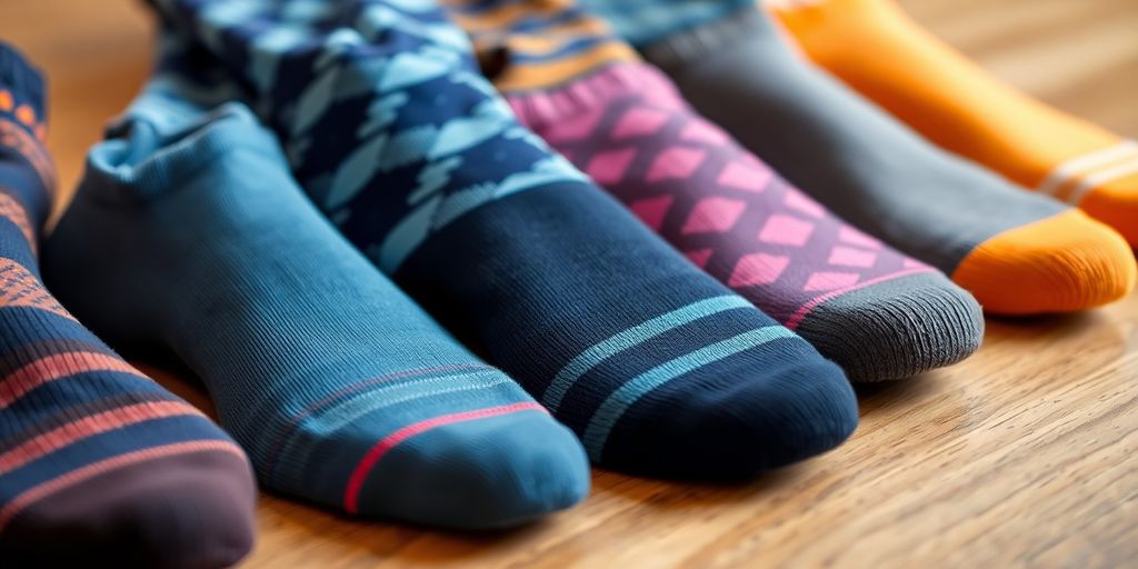 Colorful diabetic dress socks on a wooden background.