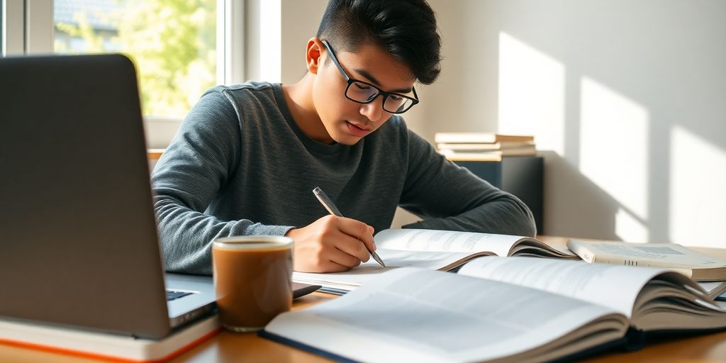 Student writing, open books, laptop, coffee.