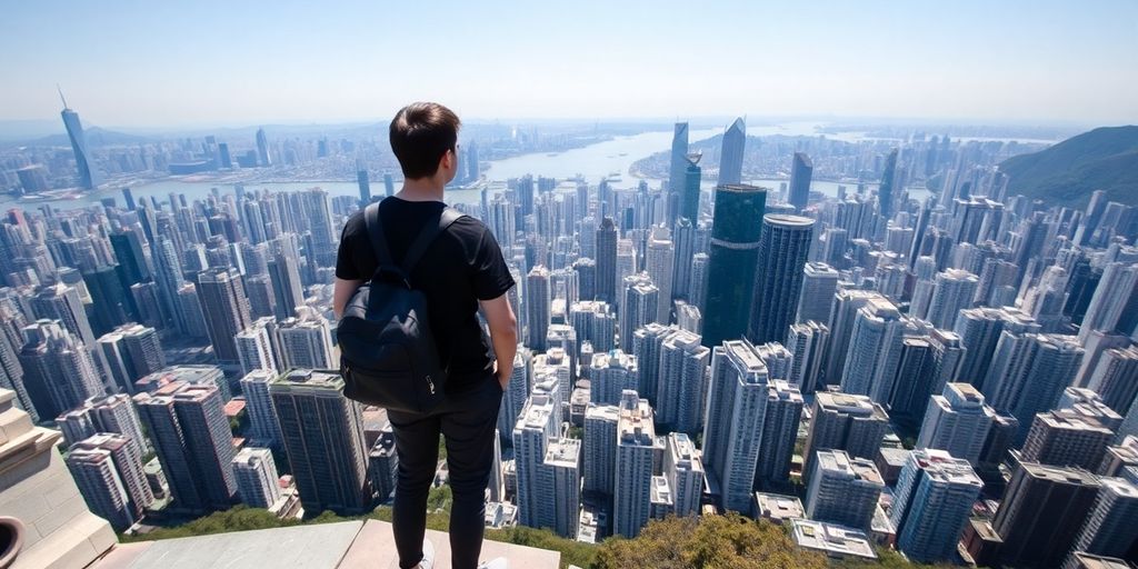 Traveller looking at city from high viewpoint.