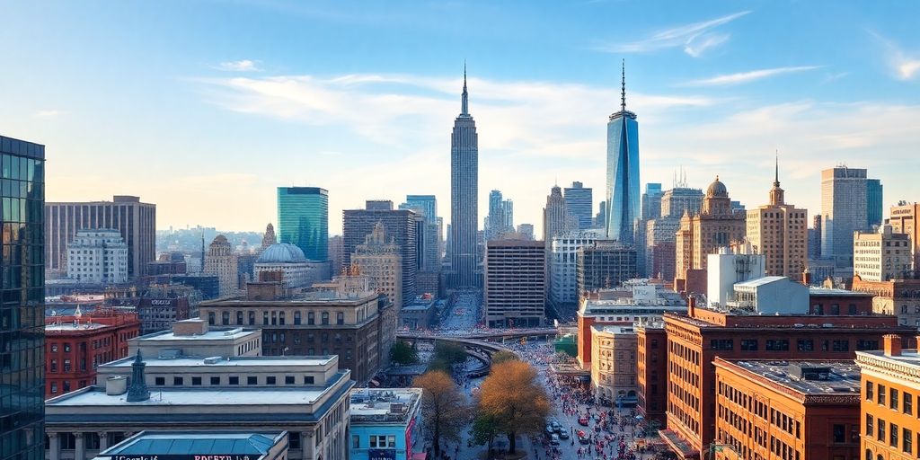 Diverse city skyline with bustling streets and vibrant architecture.