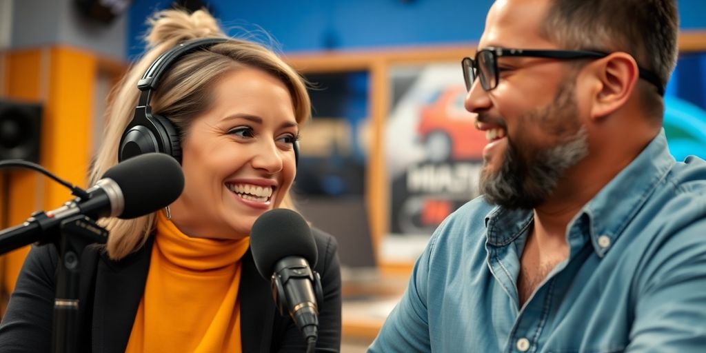 Podcaster interviewing a guest, both smiling.