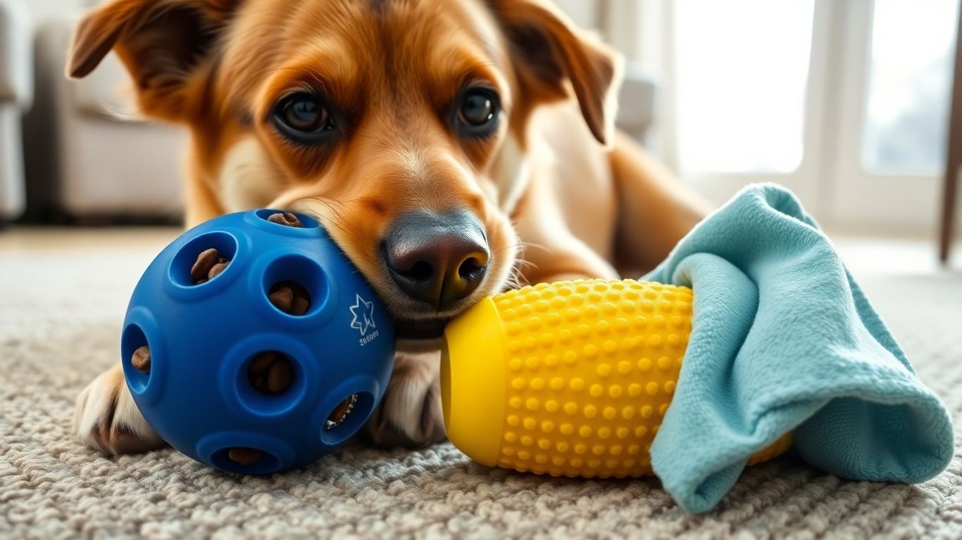 Dog chewing blue Starmark ball beside yellow bumper toy indoors.