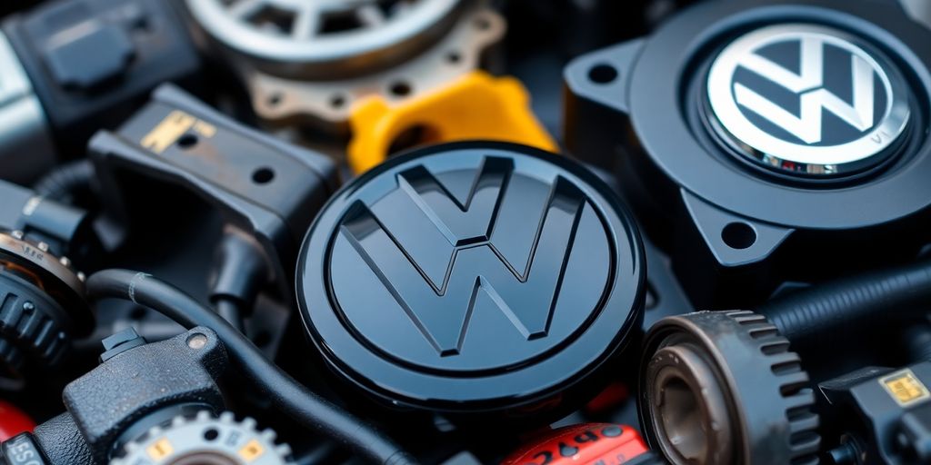 VW emblem on a collection of car parts.