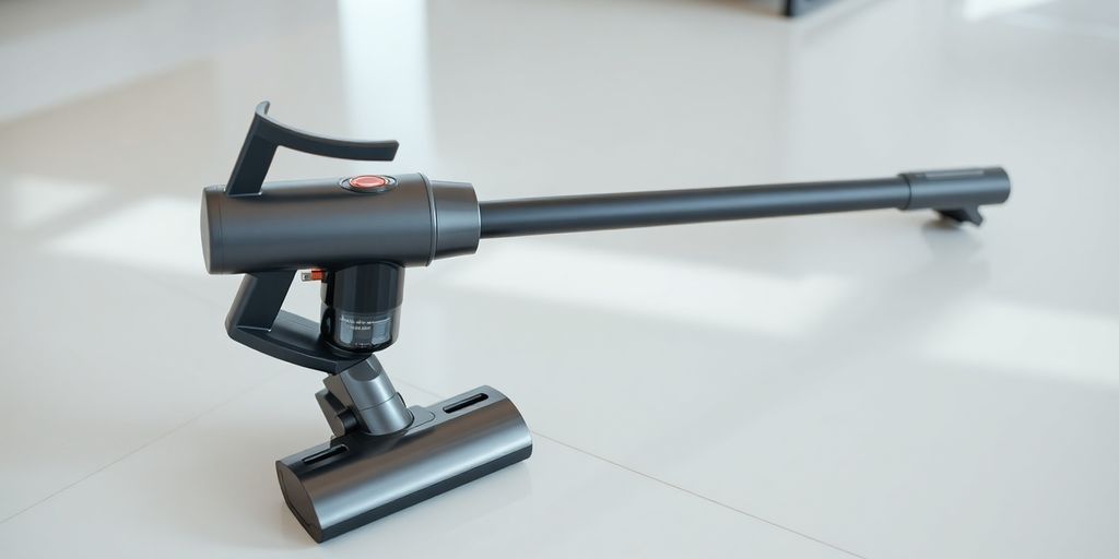 Drahtloser Staubsauger mit langer Akkulaufzeit auf dem Boden.