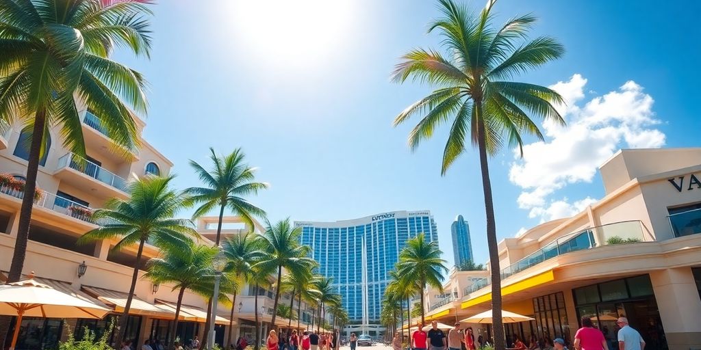 Vibrant scene of Aventura, Florida with waterfront properties.
