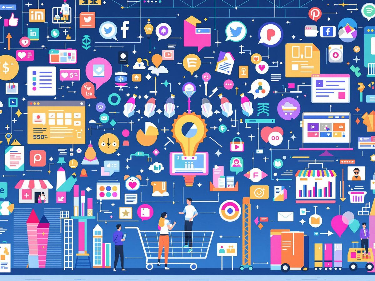 Piață online vibrantă cu produse și icoane social media.