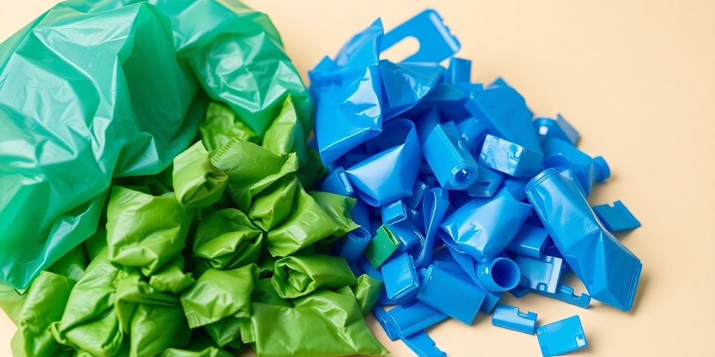 Green compostable packaging next to blue recyclable materials.