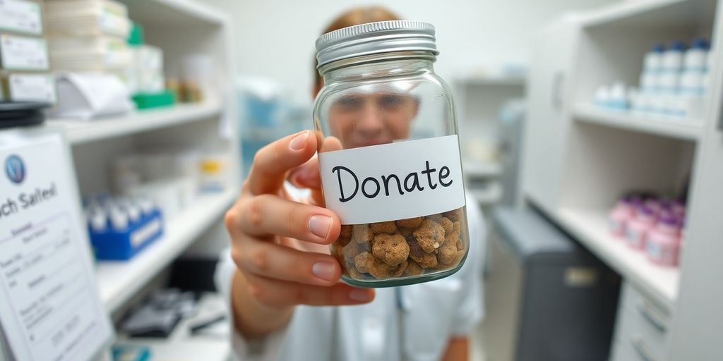 Person holding a jar in a clean medical setting.