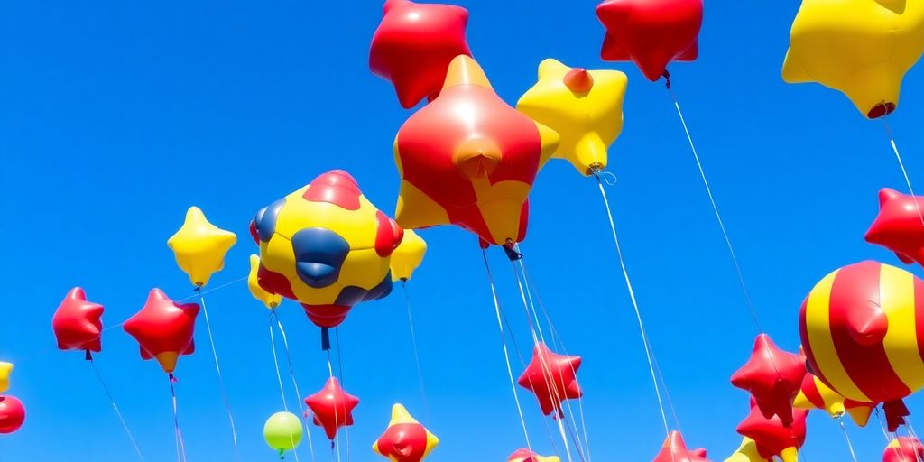 Colorful parade balloons in a blue sky.