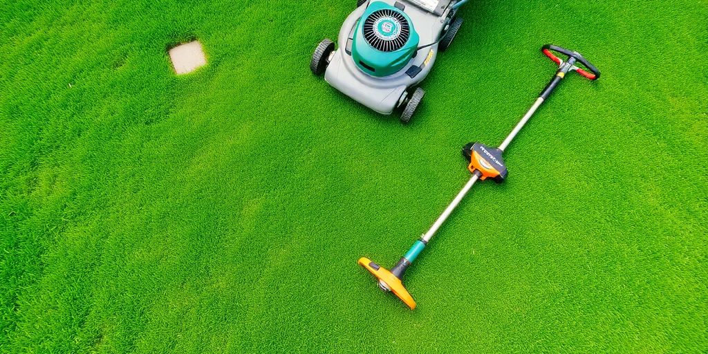Lawn care tools on a beautifully maintained green lawn.