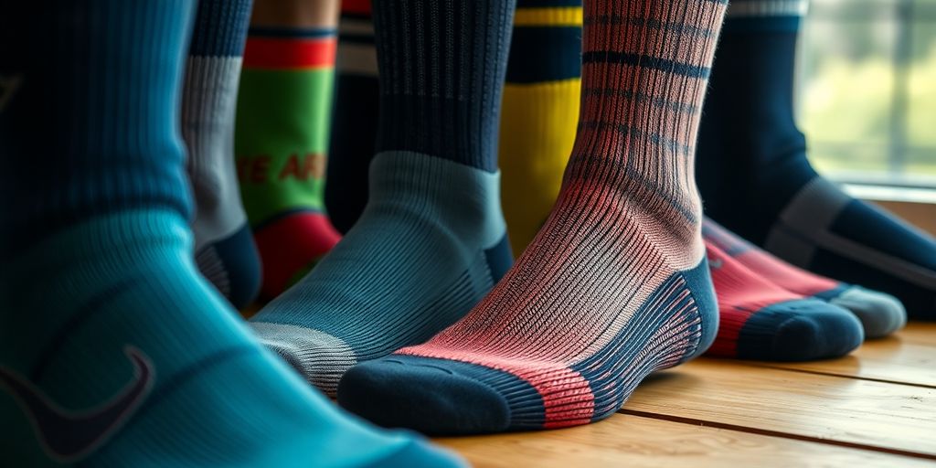 Men's support socks in various colors on a wooden surface.