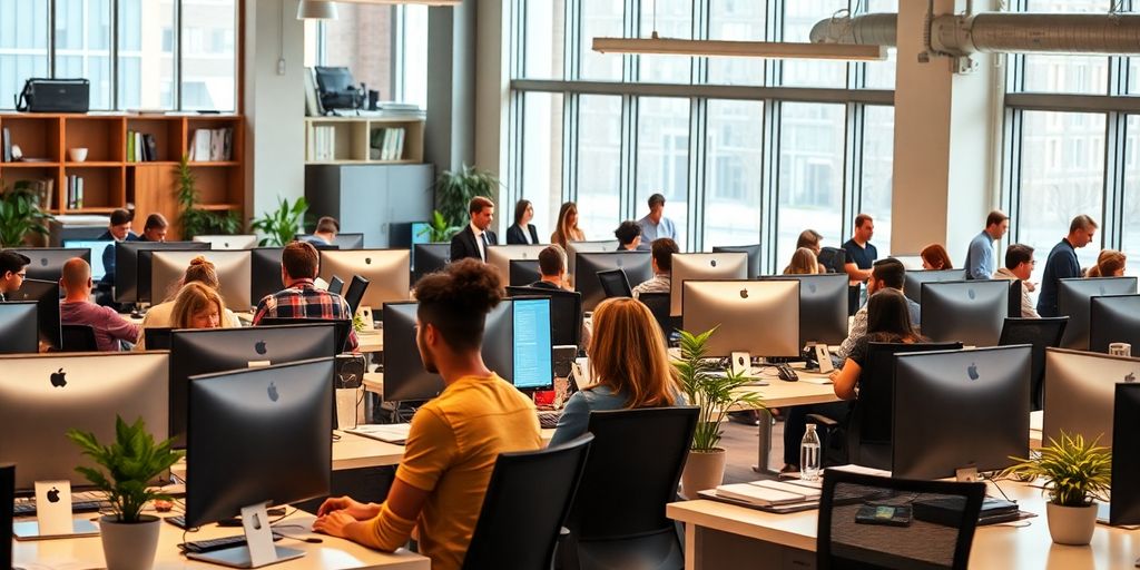 Diverse office workers collaborating in a modern setting.