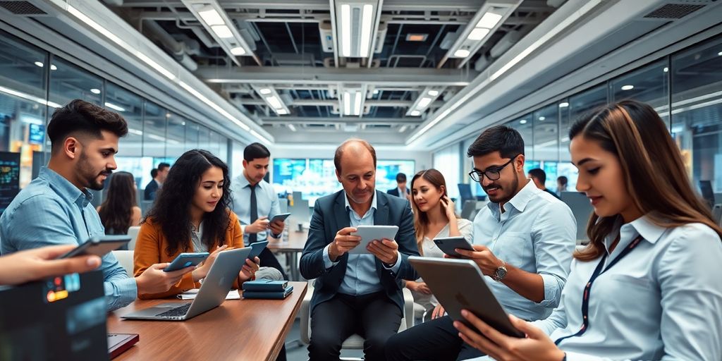Diverse team in a modern office collaborating with technology.