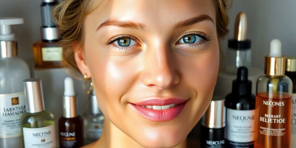 Radiant person with glowing skin and skincare products.