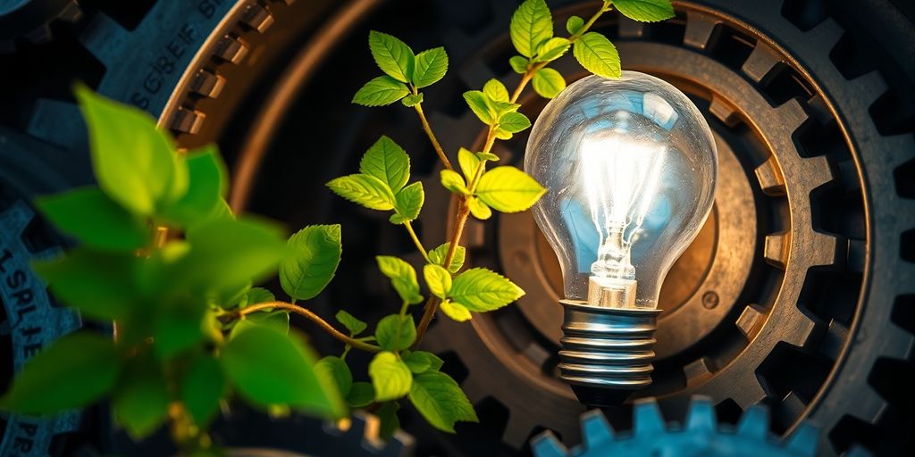 Lightbulb, gears, and thriving plant.