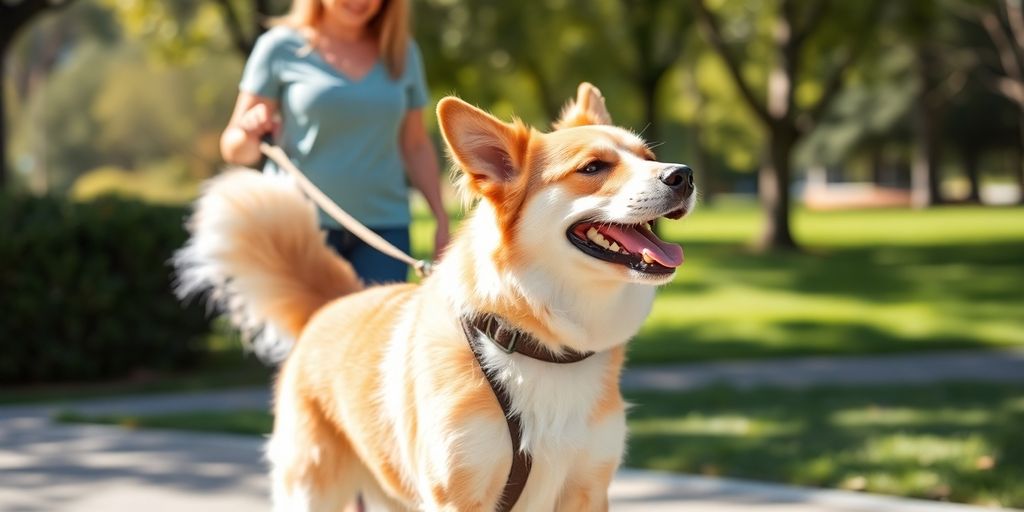 Happy dog on a leash with a friendly walker outdoors.