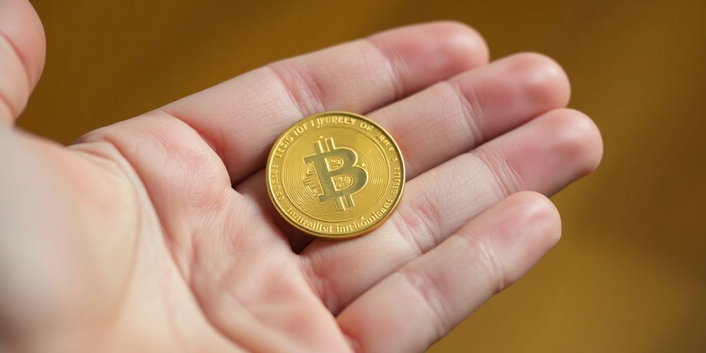 Une main tenant une pièce d'or brillant.