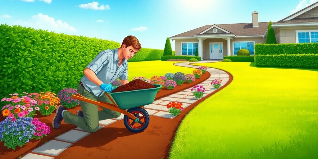 Gardener planting flowers beside stone path with wheelbarrow and tools
