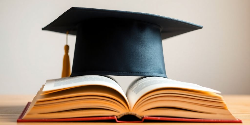 Graduation cap on open book.