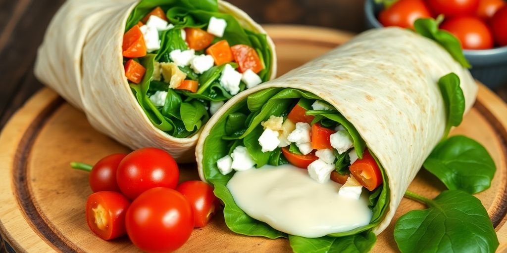Spinach and feta wrap on a wooden platter.