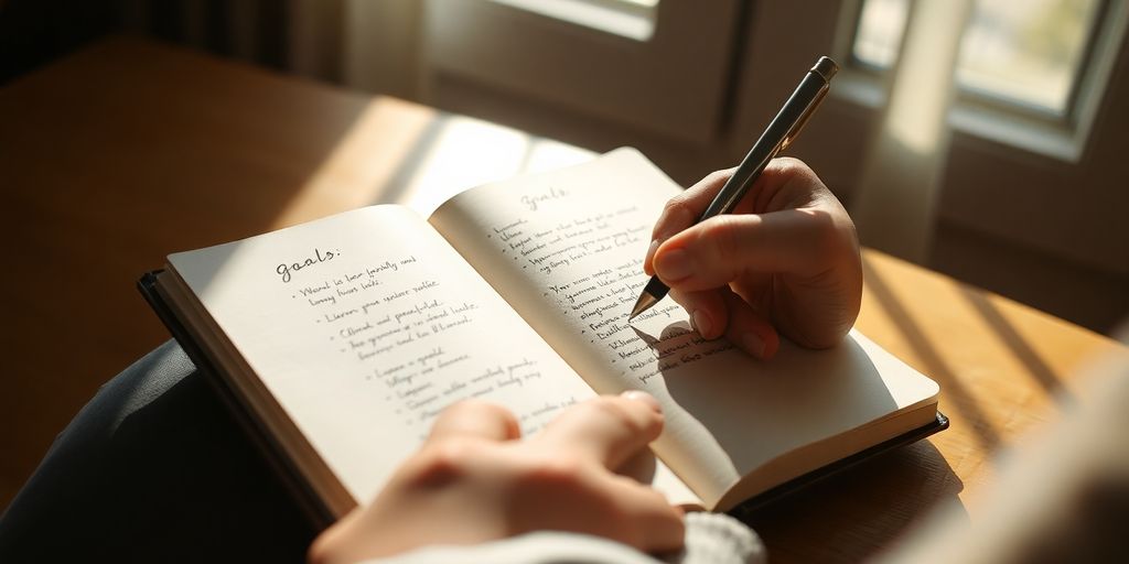 Person writing SMART goals for depression management.