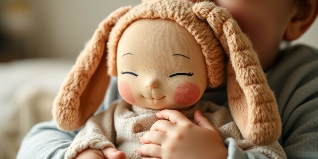 Boneca Metoo e a Sua Magia 4 Boneca Metoo aconchegante com bebê sorridente, fundo suave.