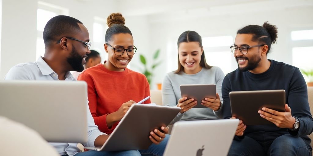 Adults learning online with laptops and tablets.