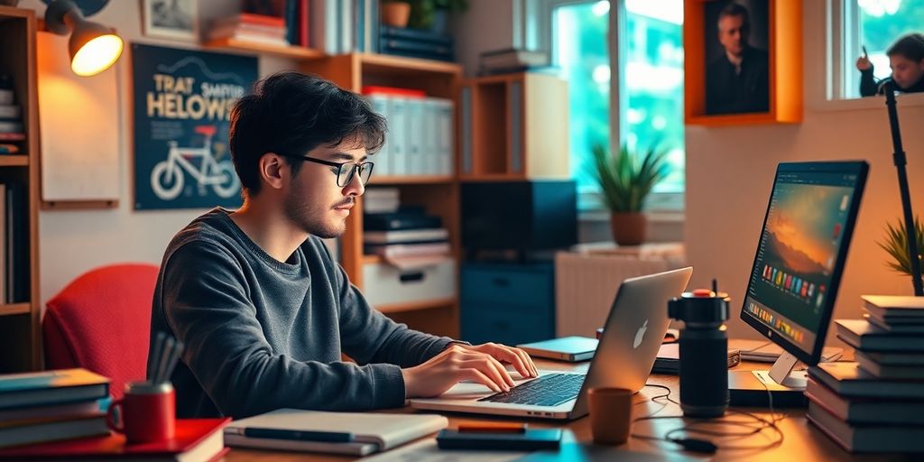 Pessoa trabalhando em um laptop em um espaço aconchegante.