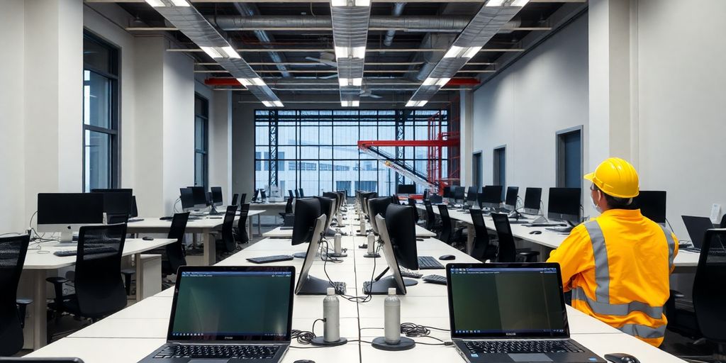 Construction site office interior with computers.