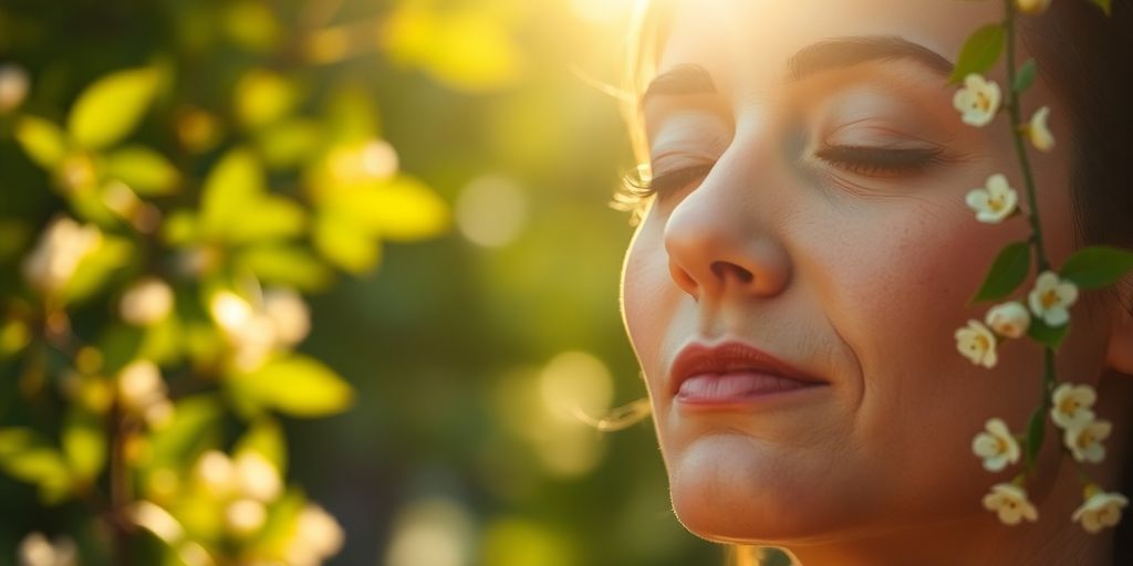 Close-up, person meditating, serene, sunlit garden.