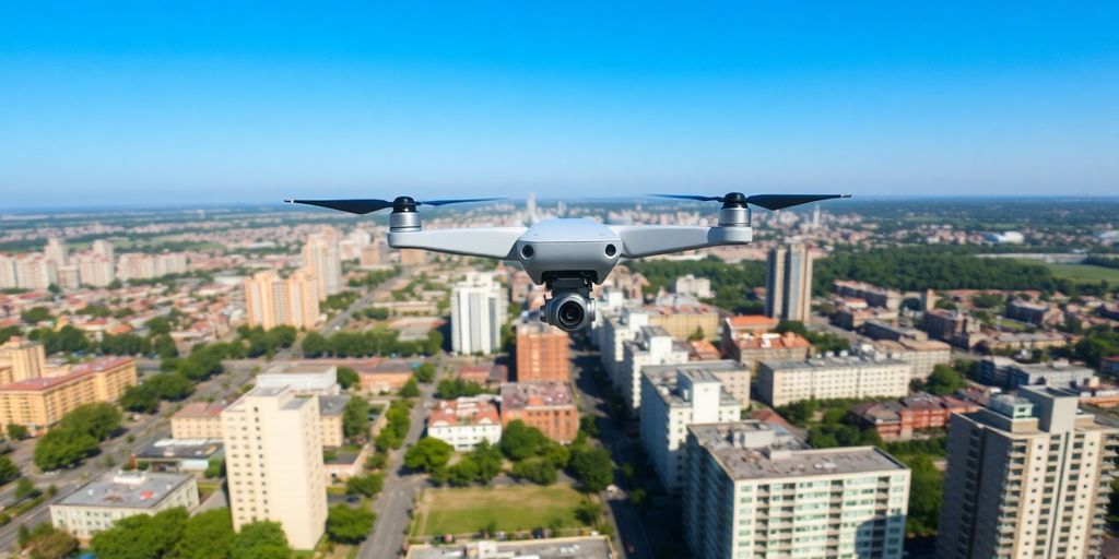 Drone survolant une agglomération urbaine.