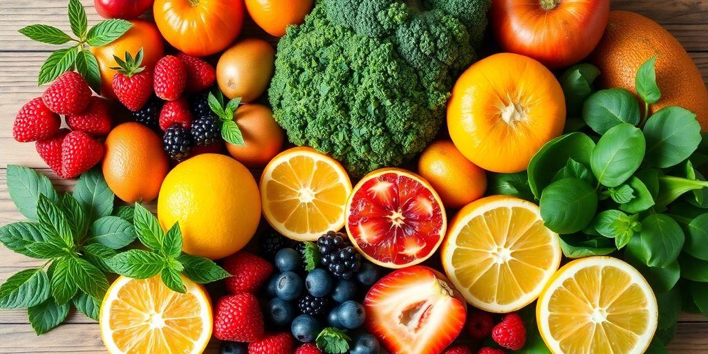 Colorful fruits and vegetables representing immune-boosting vitamins.