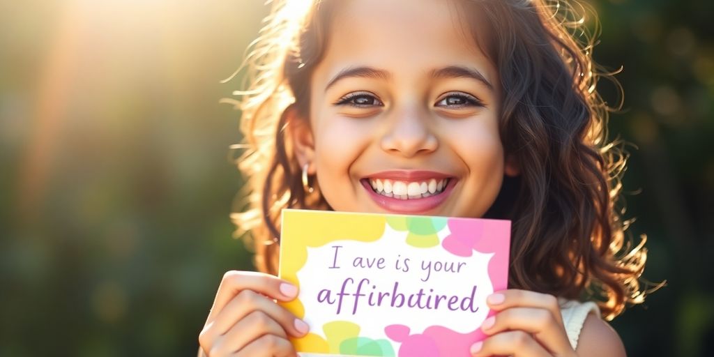Smiling girl holding a colorful affirmation card.