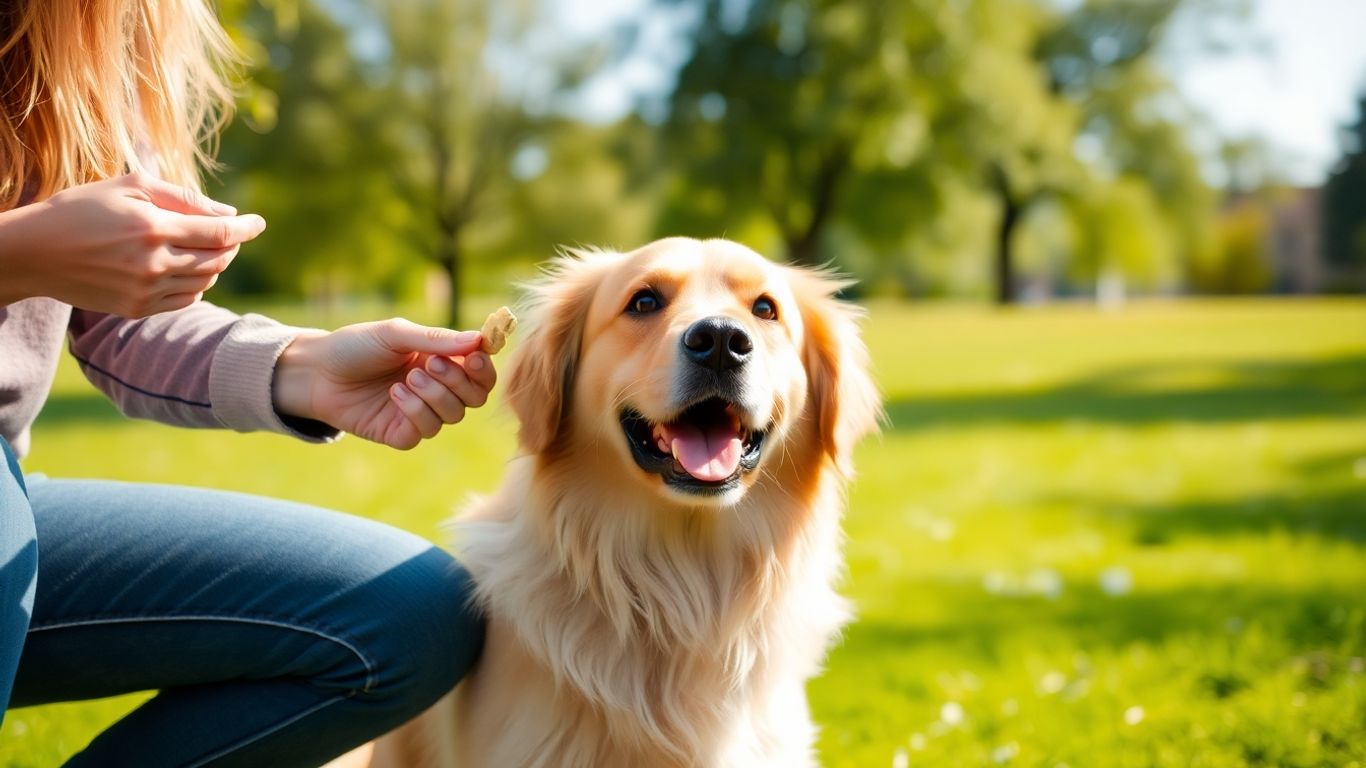 Owner rewarding happy dog with treat in park
