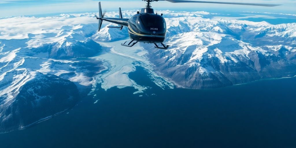 A helicopter flies over a rugged Alaskan glacial coastline.
