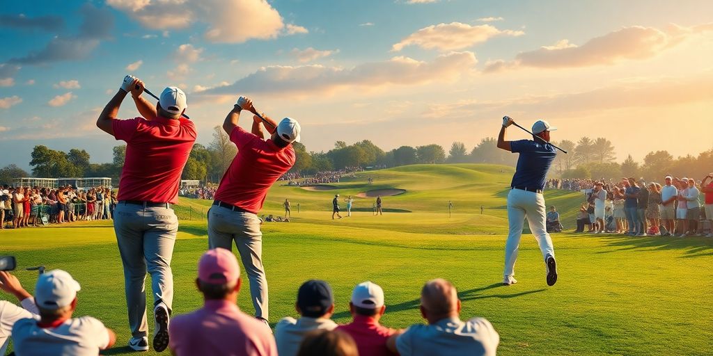 Golf tournament with players, fans, and modern course designs.