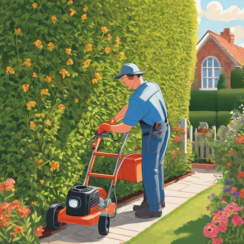 gardener trimming hedges in a sunny garden