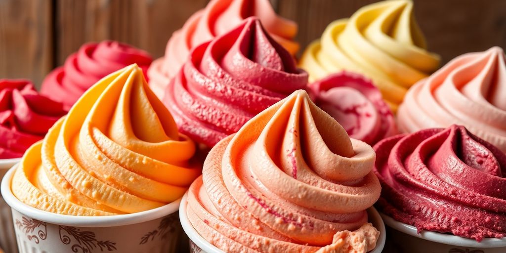 Colorful gelato in cups on a wooden table.
