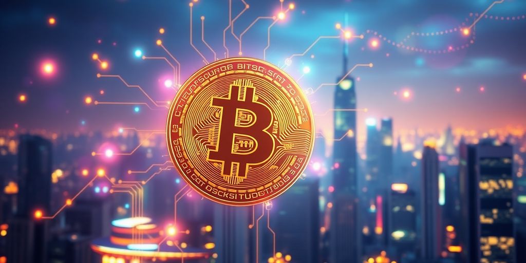 Moneta Bitcoin su sfondo urbano digitale futuristico.