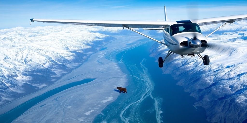 A small plane flying over majestic Alaskan mountains and wildlife.
