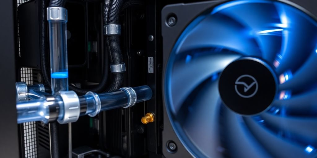 Mining rig with liquid cooling coils and fans.