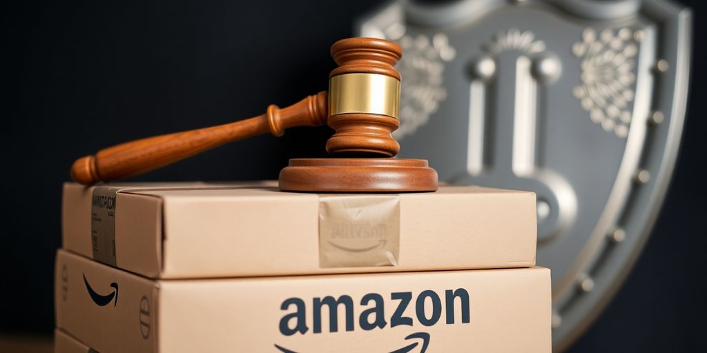 Amazon boxes, legal gavel, and a shield.