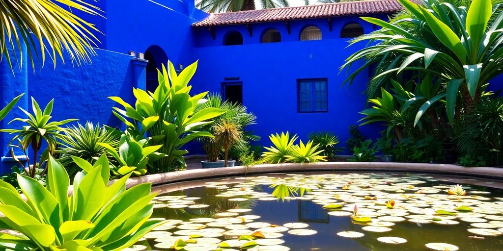 Jardin Majorelle, couleurs vives, bleu cobalt, plantes exotiques, soleil.