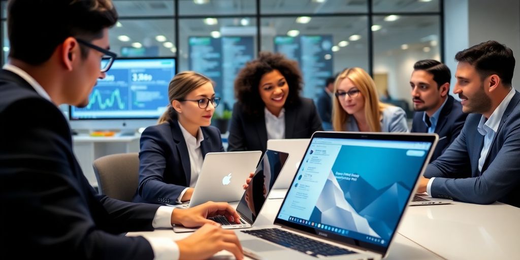 Group of professionals discussing blockchain finance certification.