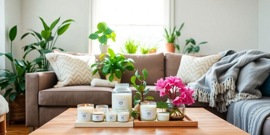 Eco-friendly housewarming gifts in a cozy living room.