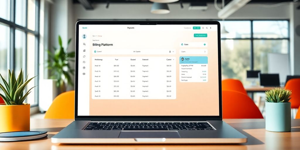 Modern billing platform interface on a laptop in office.